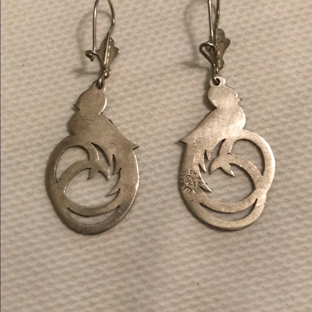 Sterling bird with plumes and gold wing earrings. - Picture 2 of 3